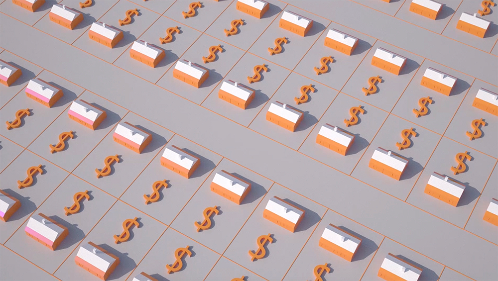 A screenshot of a row of orange and white illustrated houses next to orange dollar signs.