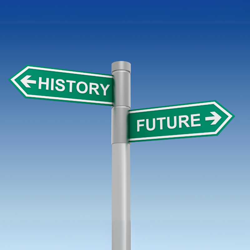 A graphic of a green street sign that points to history in one direction and the future in the other direction, at a crossroads