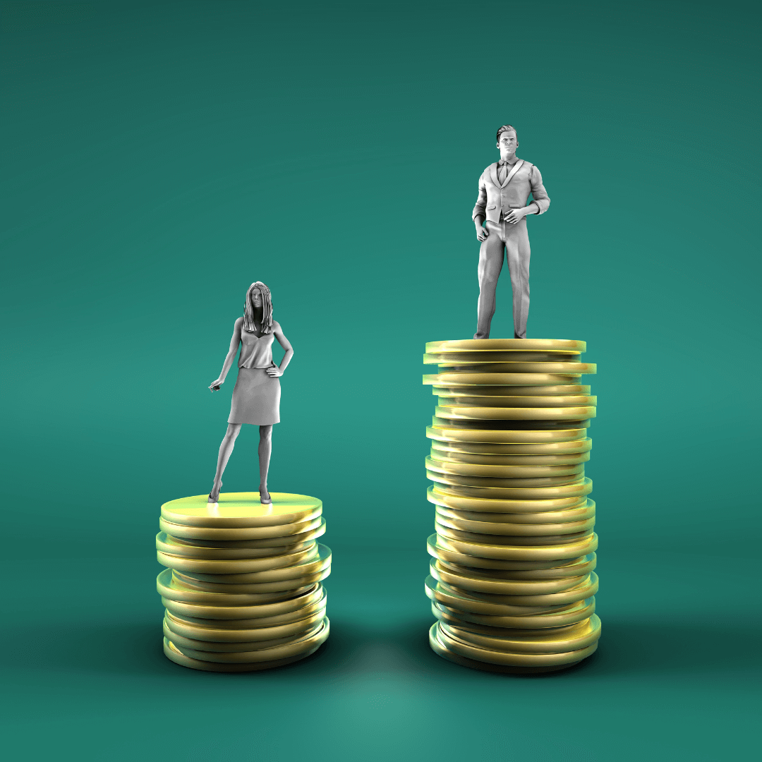 a figure of a woman and a man stand on a stack of coins, the woman's stack is significantly smaller than the man's stack