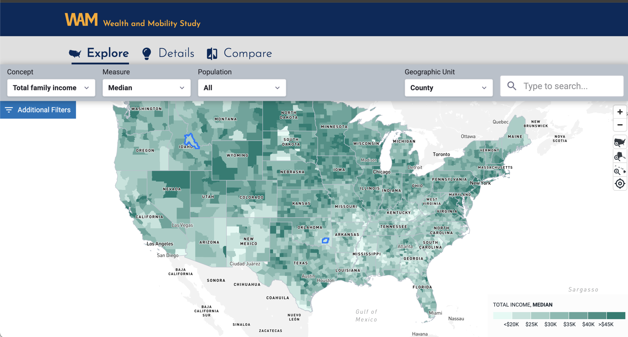 The landing page of the wealth and mobility study geographic explorer with a map of the U.S.